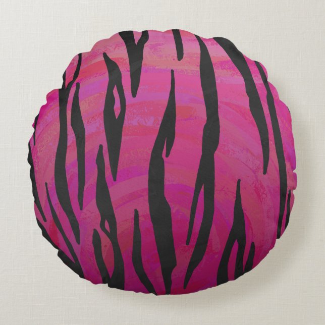 Tiger Hot Pink en zwarte afdrukken Rond Kussen (Voorkant)