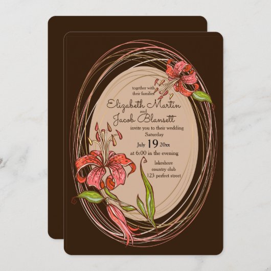 Tiger Lilies Bruiloft, donkerbruin Kaart (Voorkant / Achterkant)