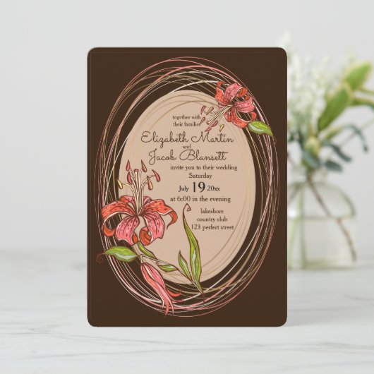 Tiger Lilies Bruiloft, donkerbruin Kaart (Staand voorkant)