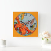 Tiger Lilies en Hummingbird Fine Art Roman Numeral Vierkante Klok (Huis)
