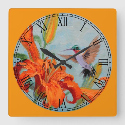 Tiger Lilies en Hummingbird Fine Art Roman Numeral Vierkante Klok (Voorkant)