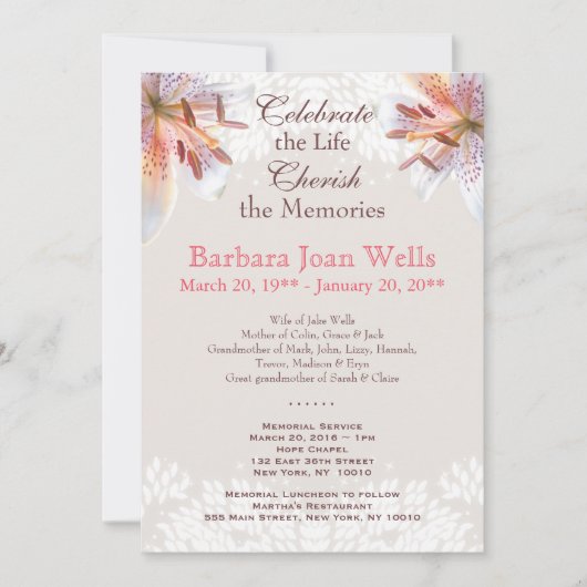 Tiger Lily Memorial Service - Kennisgeving Kaart (Voorkant)