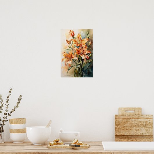 Tiger Lily Waterverf Flowers - Bloemenkunst Poster (Keuken)