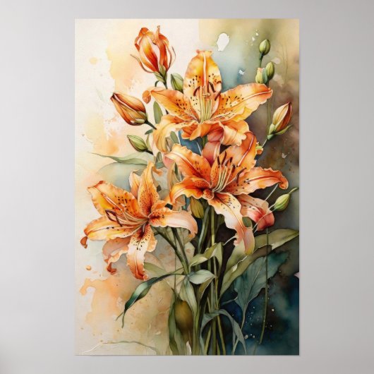 Tiger Lily Waterverf Flowers - Bloemenkunst Poster (Voorkant)