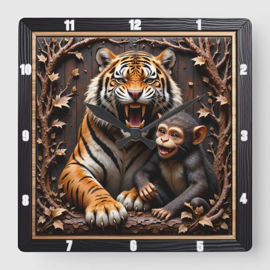 Tiger Monkey Close Up Portrait Vierkante Klok (Voorkant)