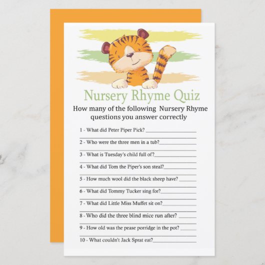 Tiger Nursery Rhyme Quiz baby shower game (Voorkant / Achterkant)