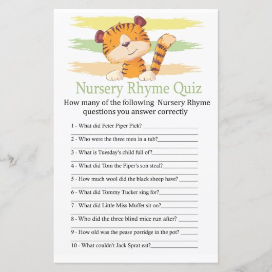 Tiger Nursery Rhyme Quiz baby shower game (Voorkant)