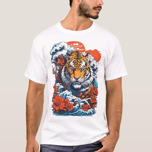 Tiger Ocean 1 Japanse stijl wit T-shirt (Voorkant)