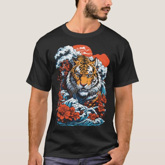 Tiger Ocean 1 Japanse stijl zwart T-shirt (Voorkant)