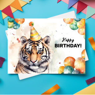 Tiger Party Pet Waterverf Portret Happy Birthday Kaart