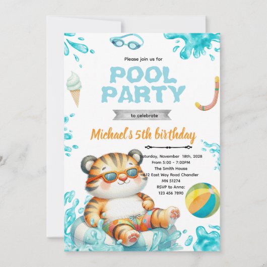Tiger Pool Party Birthday Invitation Kaart (Voorkant)