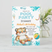 Tiger Pool Party Birthday Invitation Kaart (Staand voorkant)