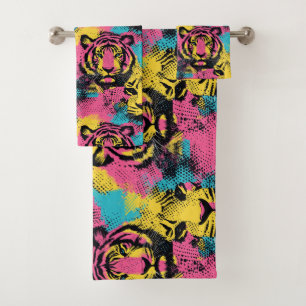 Tiger Pop Art Pattern in roze, geel en blauw Bad Handdoek