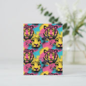 Tiger Pop Art Pattern in roze, geel en blauw Briefkaart (Staand voorkant)