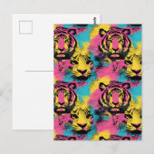 Tiger Pop Art Pattern in roze, geel en blauw Briefkaart (Voorkant / Achterkant)
