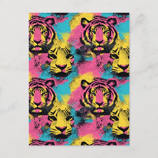 Tiger Pop Art Pattern in roze, geel en blauw Briefkaart (Voorkant)