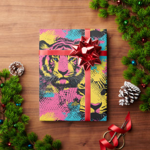 Tiger Pop Art Pattern in roze, geel en blauw Cadeaupapier