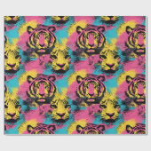 Tiger Pop Art Pattern in roze, geel en blauw Cadeaupapier (Vlak)