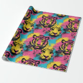 Tiger Pop Art Pattern in roze, geel en blauw Cadeaupapier (Uitgerold)