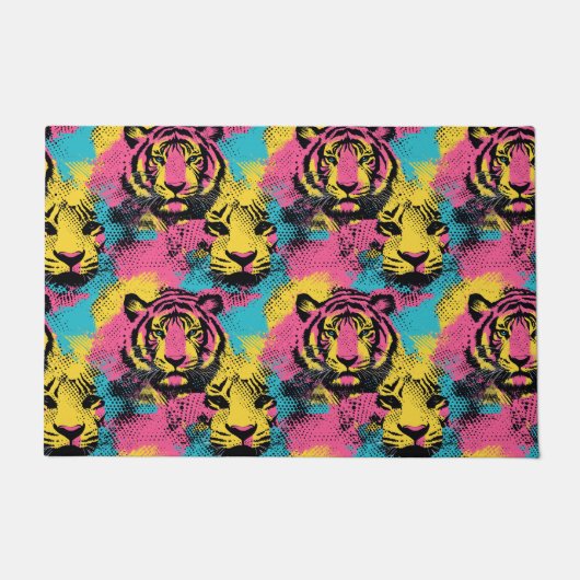 Tiger Pop Art Pattern in roze, geel en blauw Deurmat (Voorkant)
