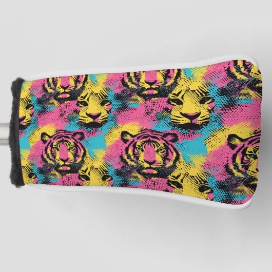 Tiger Pop Art Pattern in roze, geel en blauw Golfheadcover (Voorkant)
