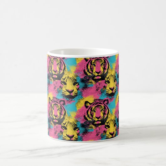 Tiger Pop Art Pattern in roze, geel en blauw Koffiemok (Center)