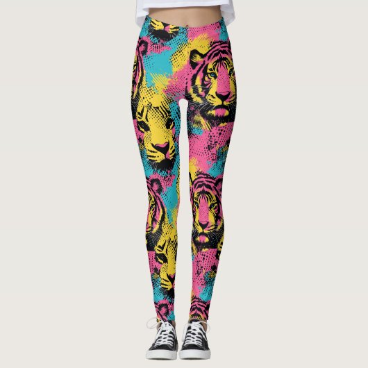 Tiger Pop Art Pattern in roze, geel en blauw Leggings (Voorkant)