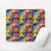 Tiger Pop Art Pattern in roze, geel en blauw Muismat (Met muis)