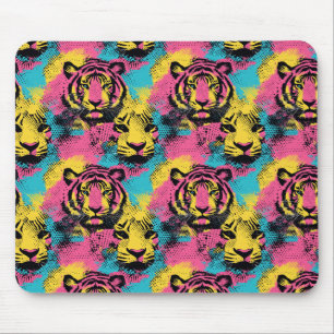 Tiger Pop Art Pattern in roze, geel en blauw Muismat
