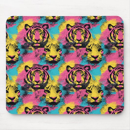 Tiger Pop Art Pattern in roze, geel en blauw Muismat (Voorkant)