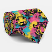 Tiger Pop Art Pattern in roze, geel en blauw Stropdas (Opgerold)