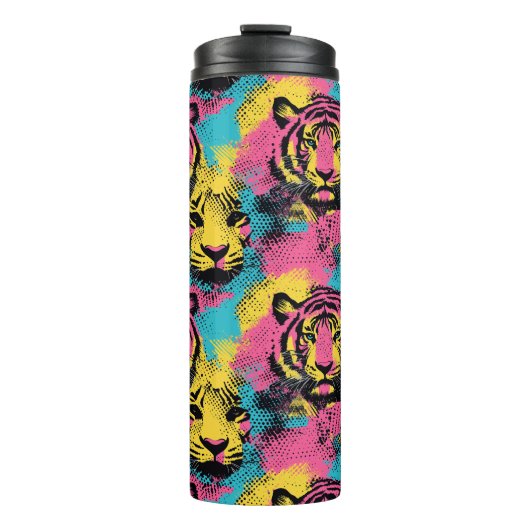 Tiger Pop Art Pattern in roze, geel en blauw Thermosbeker (Voorkant)