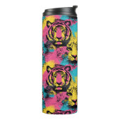 Tiger Pop Art Pattern in roze, geel en blauw Thermosbeker (Gedraaid links)