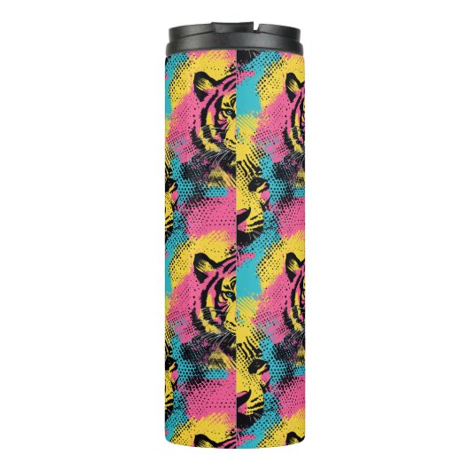 Tiger Pop Art Pattern in roze, geel en blauw Thermosbeker (Achterkant)