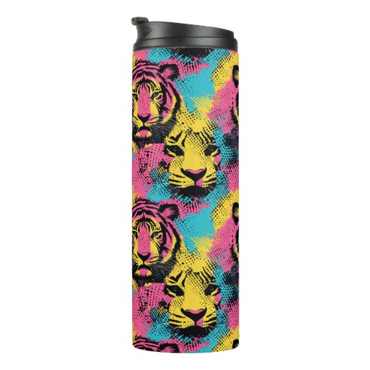 Tiger Pop Art Pattern in roze, geel en blauw Thermosbeker (Geroteerd rechts)