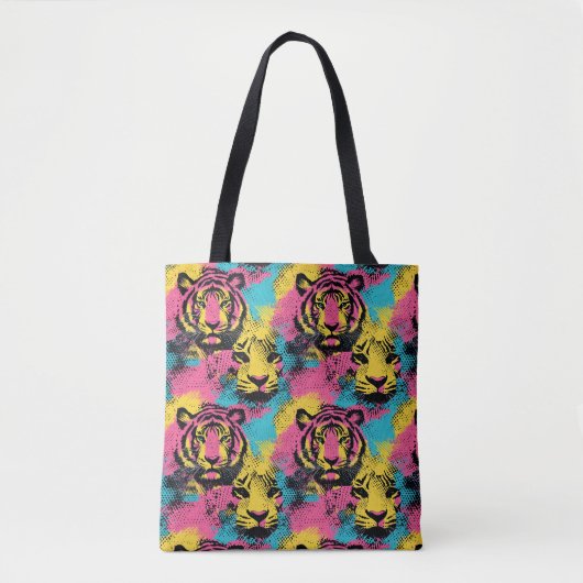 Tiger Pop Art Pattern in roze, geel en blauw Tote Bag (Voorkant)