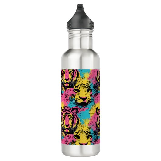 Tiger Pop Art Pattern in roze, geel en blauw Waterfles (Rechts)