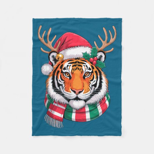 Tiger Reindeer Christmas Santa Hat Tiger Xmas  Fleece Deken (Voorkant)