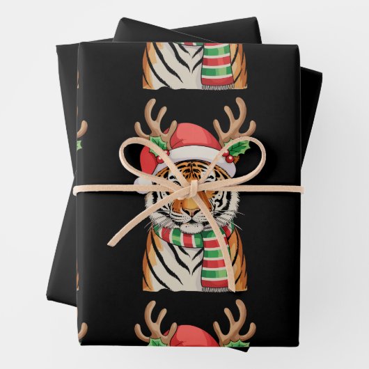 Tiger Reindeer Santa Hat Kerstvakantie Inpakpapier Vel (In situ)
