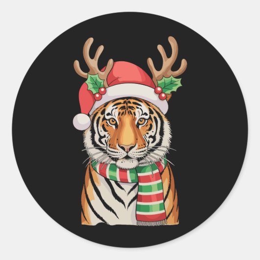 Tiger Reindeer Santa Hat Kerstvakantie Ronde Sticker (Voorkant)