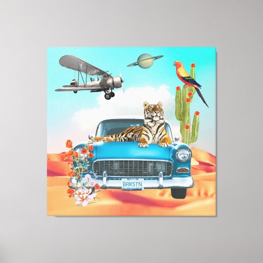 Tiger Retro Car Desert Cactus Surreal Collage Canvas Afdruk (Voorkant)