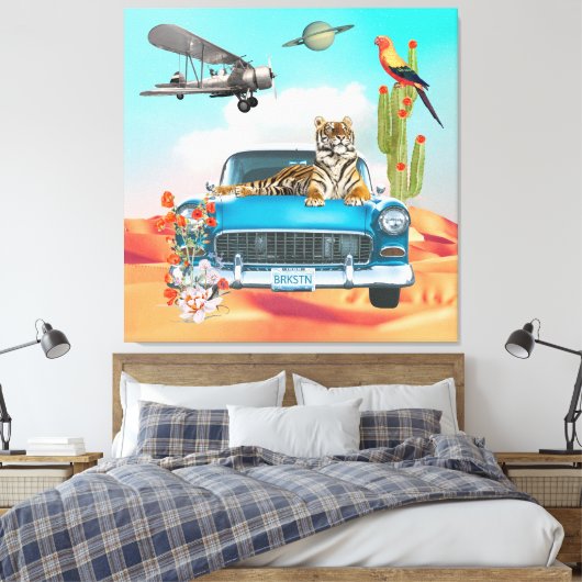 Tiger Retro Car Desert Cactus Surreal Collage Canvas Afdruk (Insitu (Slaapkamer))