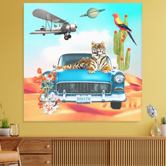 Tiger Retro Car Desert Cactus Surreal Collage Canvas Afdruk (Insitu (Woonkamer))