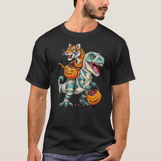 Tiger Riding Mummy T-Rex Dinosaur Halloween T-shirt (Voorkant)
