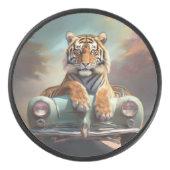 Tiger sitting on a sports car hockey puck (Voorkant)