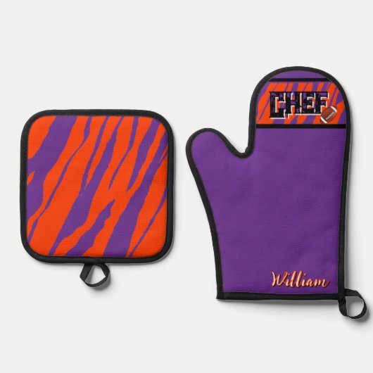 Tiger Stripe Purple Orange Football Design Ovenwant & Pannenlap Set (Voorkant)