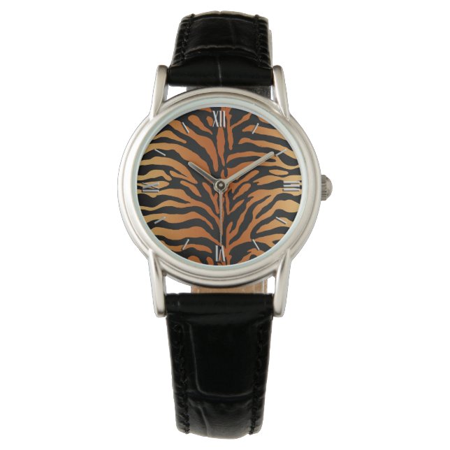 Tiger Stripes Animal Print, Amber, Black en Tan Horloge (Voorkant)