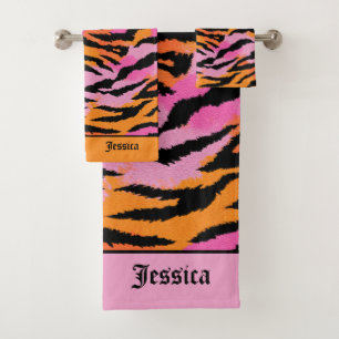 Tiger Stripes Animal Print Lavendel & Oranje naam Bad Handdoek