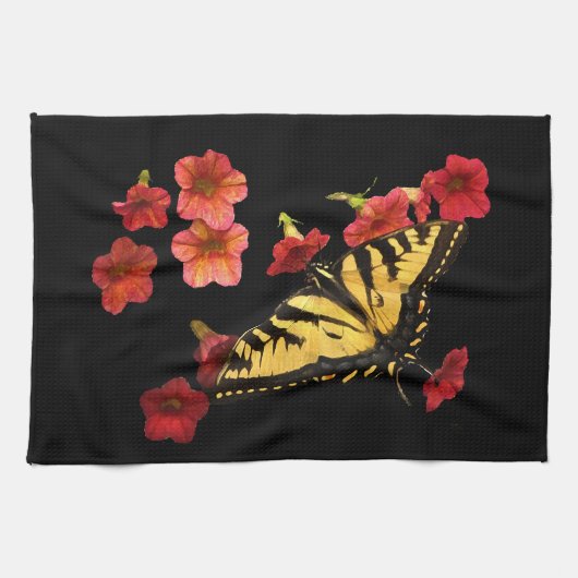 Tiger Swallowtail Butterfly op Red Flowers Theedoek (Horizontaal)