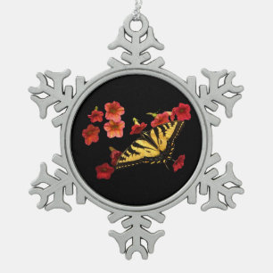 Tiger Swallowtail Butterfly op Red Flowers Tin Sneeuwvlok Ornament